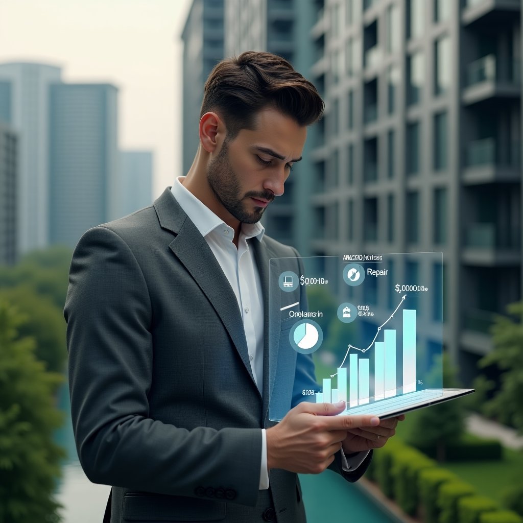 (Ultra-realistic condominium manager in a charcoal gray suit, set in a modern luxury condominium environment with high-rise buildings and lush green landscaping, medium shot analyzing holographic financial charts comparing ordinary vs extraordinary expenses, floating icons of coins and repair tools beside transparent bar and pie charts, confident and focused expression, cinematic lighting, shallow depth of field, highly detailed textures, realistic skin, photographic realism, 8k resolution --ar 1:1 --v 6)