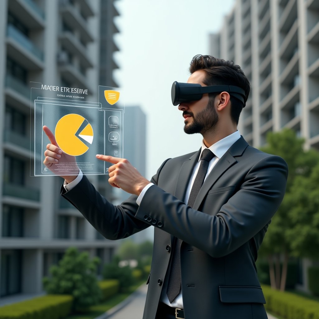 Ultra-realistic condominium manager in a charcoal gray tailored suit, set in a modern luxury condominium environment with high-rise buildings and manicured green landscaping, pointing at a holographic pie chart illustrating ordinary vs extraordinary expenses with a confident, focused expression, floating invoice and shield icons symbolizing cost allocation and conflict resolution, cinematic lighting, shallow depth of field, highly detailed textures, realistic skin, photographic realism, 8k resolution --ar 1:1 --v 6