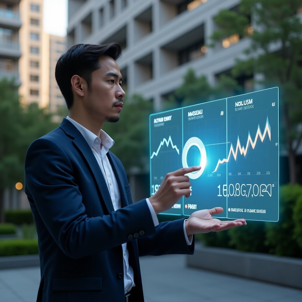 Ultra-realistic condominium manager in a tailored dark blue suit, set in a modern luxury condominium environment with high-rise buildings and lush green landscaping, analyzing a digital holographic financial dashboard displaying ordinary vs extraordinary expense charts, confident and focused expression, cinematic lighting, shallow depth of field, highly detailed textures, realistic skin, photographic realism, 8k resolution --ar 1:1 --v 6