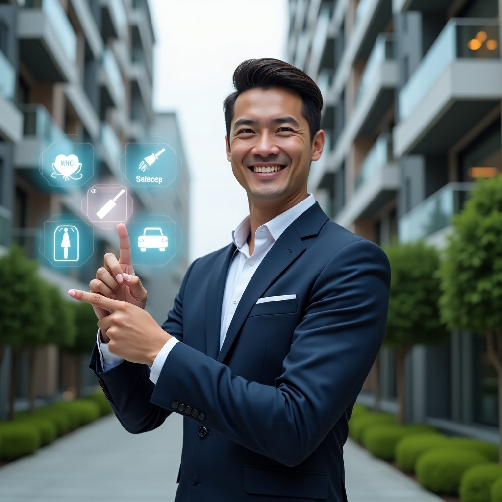(Ultra-realistic condominium manager in a tailored navy suit, set in a modern luxury condominium environment with sleek high-rise buildings and manicured green landscaping, mid shot of the manager smiling confidently while pointing at floating holographic icons representing the ten commandments—handshake for respect, muted speaker for quiet hours, broom for cleanliness, car for parking rules, speech bubble for clear communication—projected from a transparent tablet, cinematic lighting, shallow depth of field, highly detailed textures, realistic skin, photographic realism, 8k resolution --ar 1:1 --v 6)