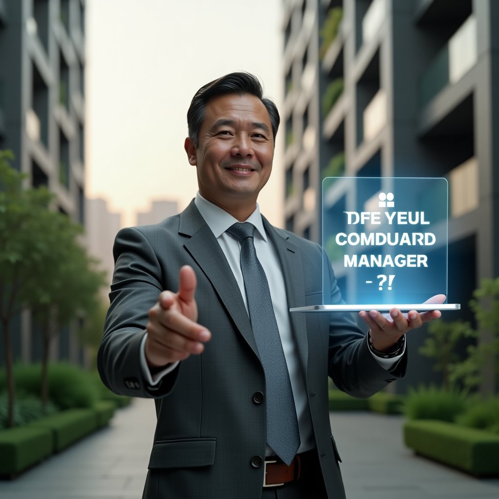 (Ultra-realistic condominium manager in a charcoal gray suit, set in a modern luxury condominium environment with high-rise buildings and lush green landscaping, pointing at a floating holographic tablet displaying the ten commandments for harmony, warm and confident expression, cinematic lighting, shallow depth of field, highly detailed textures, realistic skin, photographic realism, 8k resolution --ar 1:1 --v 6)
