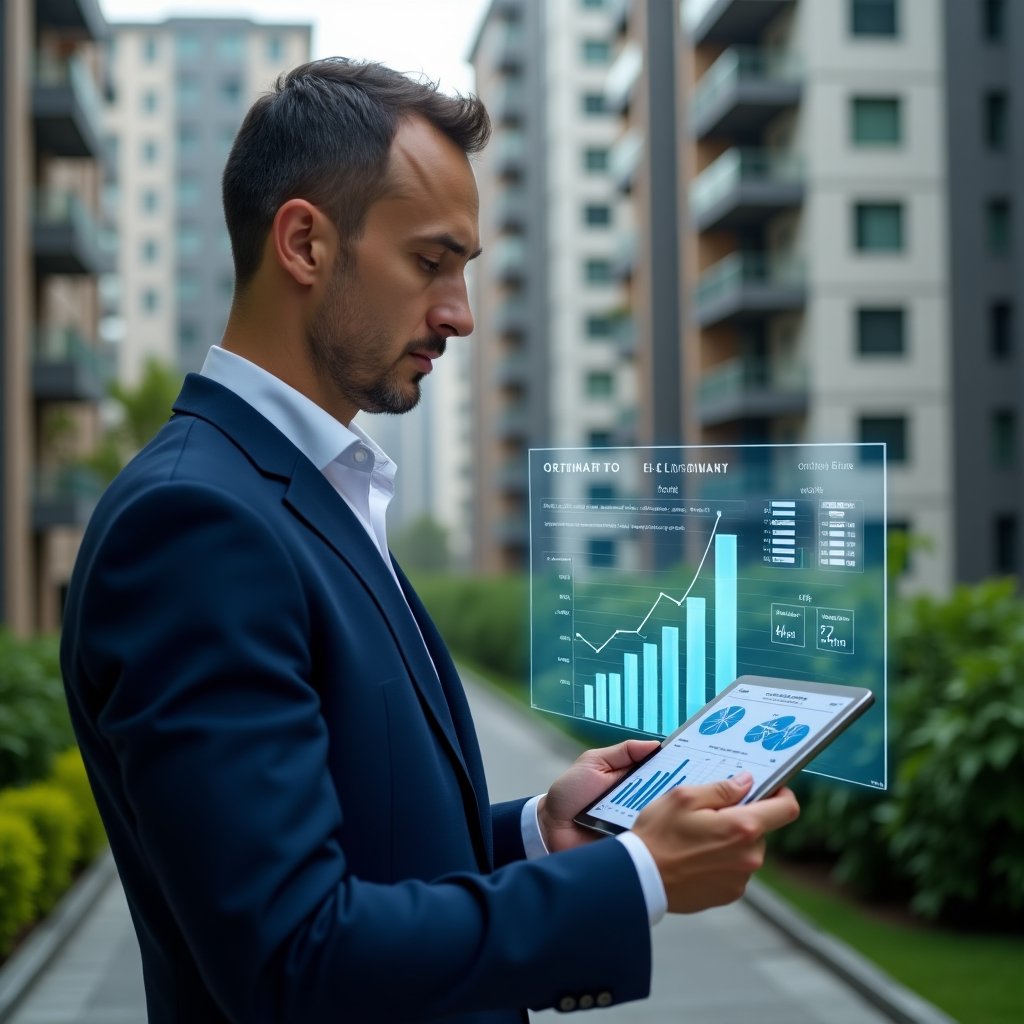 (Ultra-realistic condominium manager in a navy blue suit, set in a modern luxury condominium environment with high-rise buildings and lush green landscaping, confidently analyzing holographic financial charts illustrating ordinary vs extraordinary expenses, holding a sleek tablet displaying automated budgeting reports from an **aplicativo para condomínio**, cinematic lighting, shallow depth of field, highly detailed textures, realistic skin, photographic realism, 8k resolution --ar 1:1 --v 6)