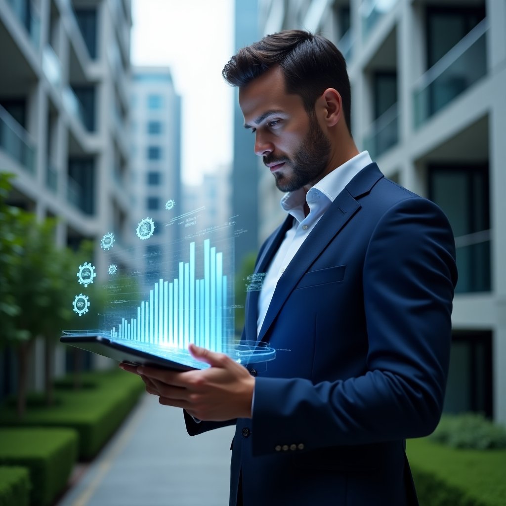 (Ultra-realistic corporate property manager in a navy blue suit, set in a modern luxury condominium environment with high-rise buildings and lush green landscaping, mid shot of a confident professional analyzing a holographic cost-saving bar chart projected above a sleek tablet, digital icons of money and gears floating around symbolizing efficiency and budget optimization, cinematic lighting, shallow depth of field, highly detailed textures, realistic skin, photographic realism, 8k resolution --ar 1:1 --v 6)