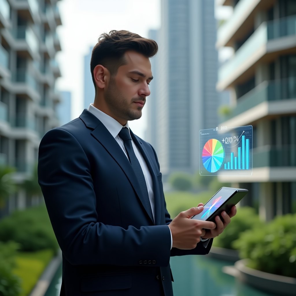 (Ultra-realistic condominium manager in a navy tailored suit, set in a modern luxury condominium environment with high-rise buildings and lush green landscaping, holding a digital tablet displaying interactive financial charts, a holographic pie chart icon floating beside them symbolizing cost reduction, confident and thoughtful expression, cinematic lighting, shallow depth of field, highly detailed textures, realistic skin, photographic realism, 8k resolution --ar 1:1 --v 6)