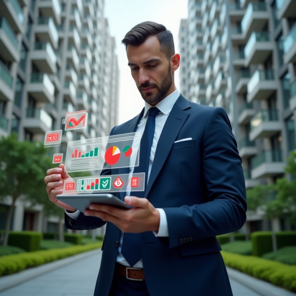 Ultra-realistic condominium manager in a navy blue executive suit, set in a modern luxury condominium environment with high-rise buildings and lush green landscaping, holding a transparent digital tablet displaying budget pie charts and maintenance checklists, surrounded by floating red warning icons and green approval checkmarks symbolizing costly errors and their solutions, focused and determined expression, cinematic lighting, shallow depth of field, highly detailed textures, realistic skin, photographic realism, 8k resolution --ar 1:1 --v 6