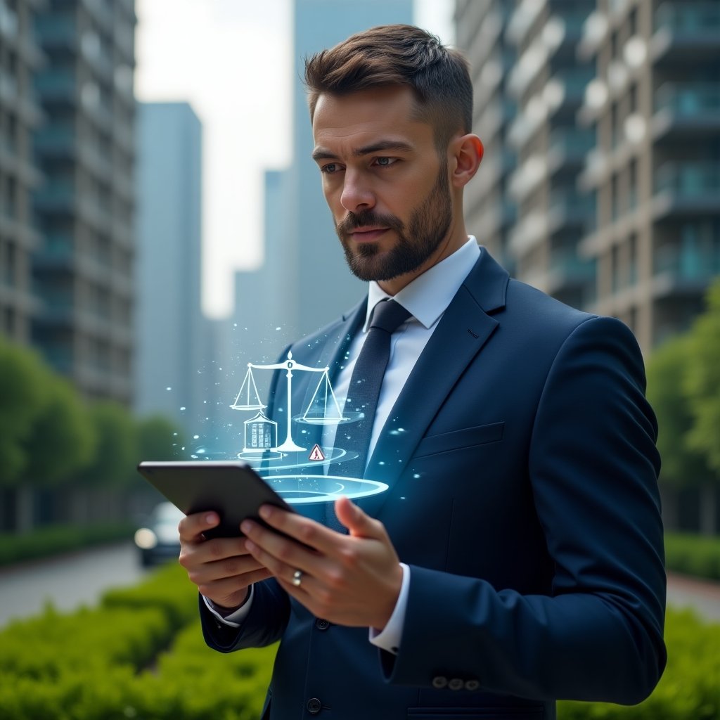 (Ultra-realistic condominium manager in a dark blue executive suit, set in a modern luxury condominium environment with high-rise buildings and manicured green landscaping, holding a tablet displaying a holographic checklist of fatal administration errors and floating legal scales and warning icons, looking thoughtfully and confident, cinematic lighting, shallow depth of field, highly detailed textures, realistic skin, photographic realism, 8k resolution --ar 1:1 --v 6)