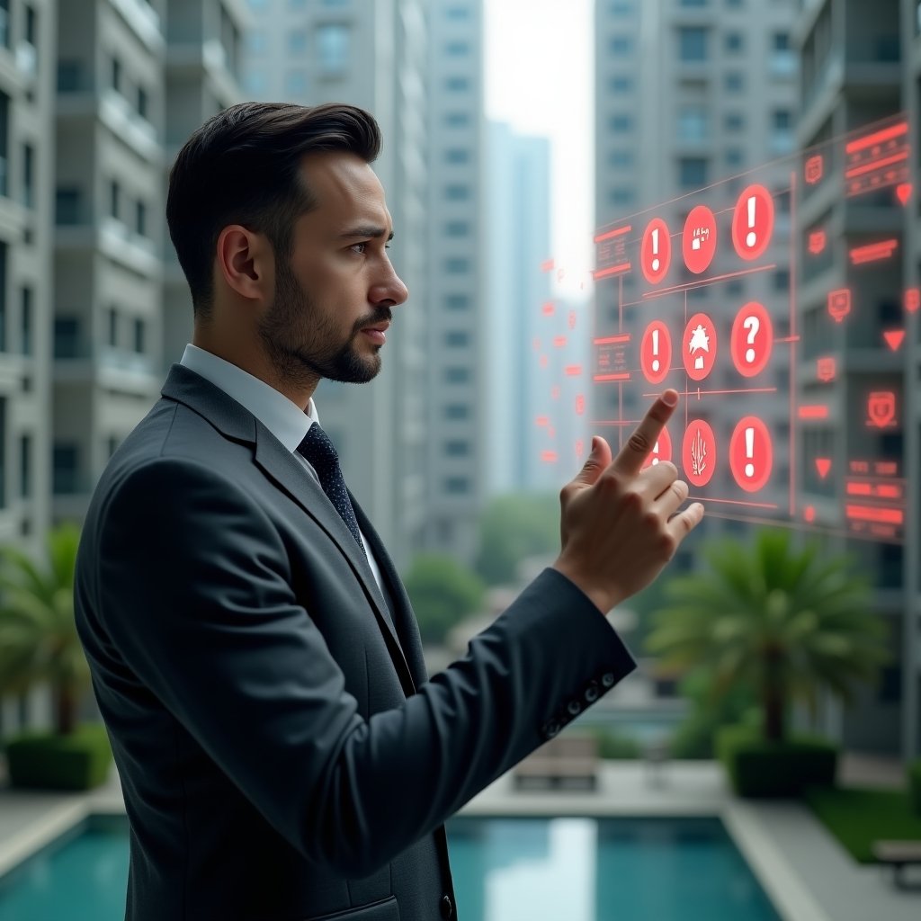 Ultra-realistic condominium manager in a dark gray tailored suit, set in a modern luxury condominium environment with high-rise buildings and green landscaping, analyzing a holographic interface with red exclamation mark icons and digital checklists representing 5 fatal management errors, thoughtful expression as they point to a floating warning symbol, cinematic lighting, shallow depth of field, highly detailed textures, realistic skin, photographic realism, 8k resolution --ar 1:1 --v 6