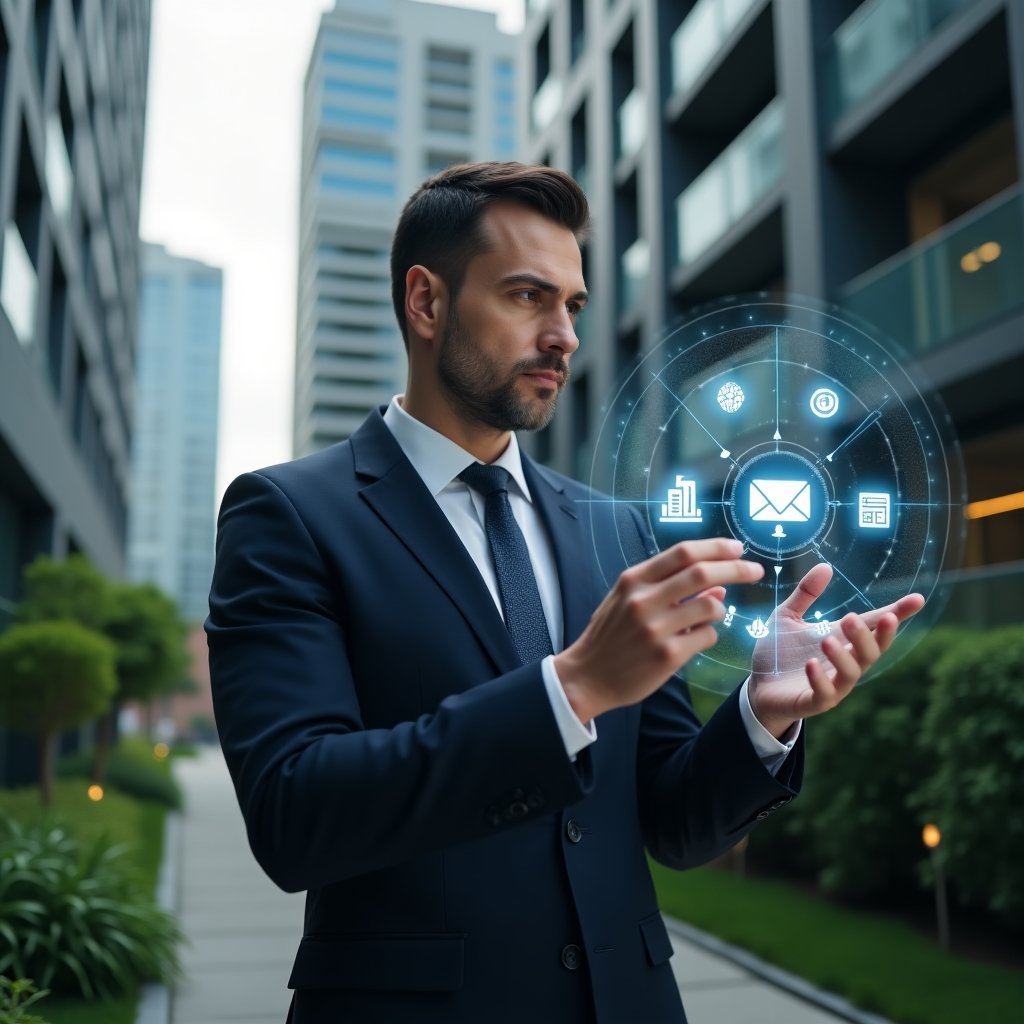 Ultra-realistic condominium manager in a dark navy suit, set in a modern luxury condominium environment with high-rise buildings and green landscaping, medium shot of the manager thoughtfully interacting with a holographic interface displaying icons for communication, finances, maintenance and contracts, serious and focused expression, cinematic lighting, shallow depth of field, highly detailed textures, realistic skin, photographic realism, 8k resolution --ar 1:1 --v 6
