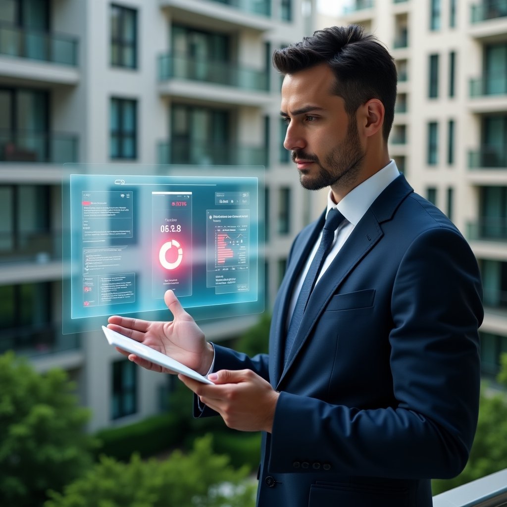 Ultra-realistic condominium manager in a tailored navy suit, set in a modern luxury condominium environment with high-rise buildings and lush green landscaping, examining a floating holographic budget dashboard with red error alerts and pie charts, looking serious and analytical, cinematic lighting, shallow depth of field, highly detailed textures, realistic skin, photographic realism, 8k resolution --ar 1:1 --v 6