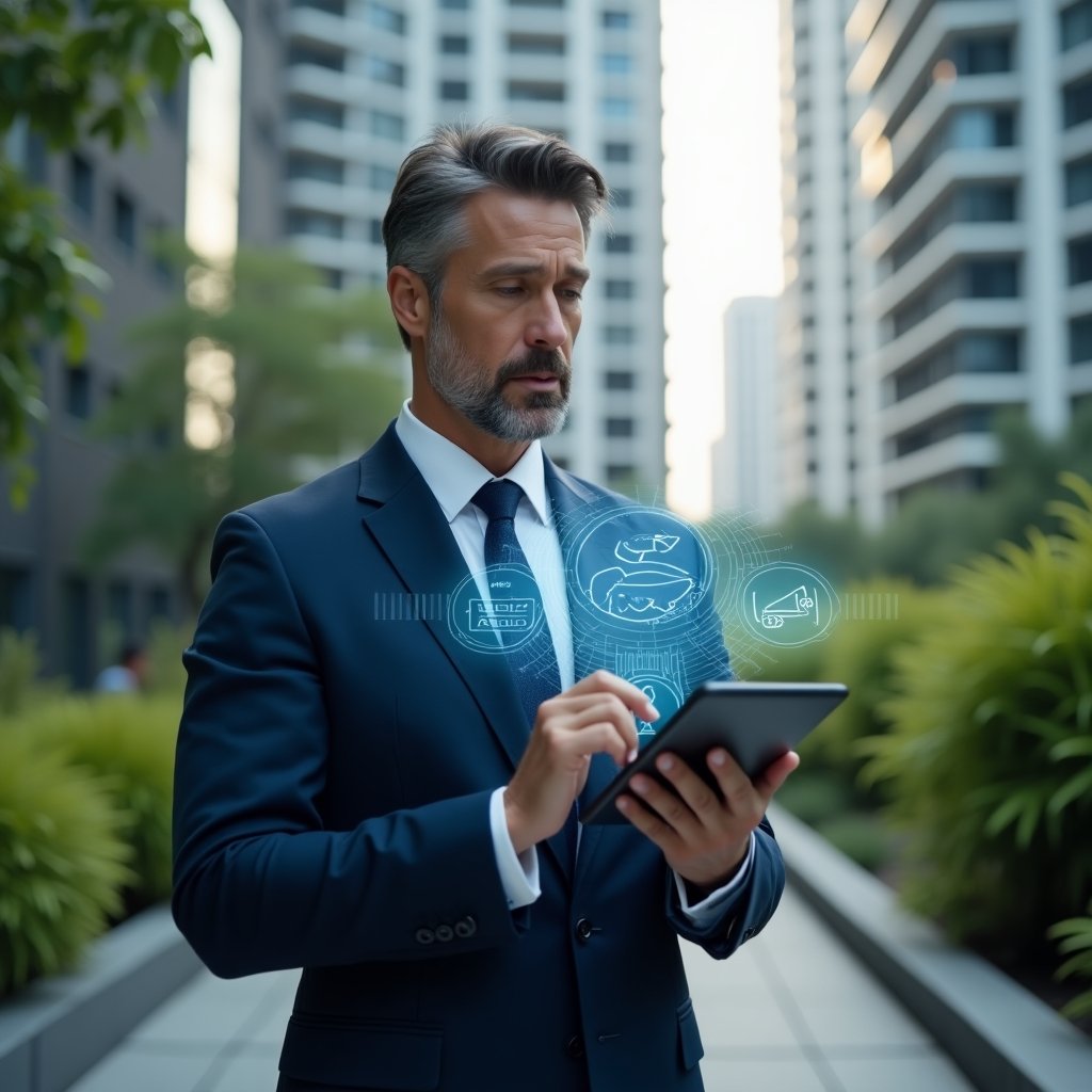 (Ultra-realistic condominium manager in a navy blue executive suit, set in a modern luxury condominium environment with high-rise buildings and lush green landscaping, holding a digital tablet and analyzing holographic icons representing budgeting, communication and maintenance, confident and focused expression, cinematic lighting, shallow depth of field, highly detailed textures, realistic skin, photographic realism, 8k resolution --ar 1:1 --v 6)