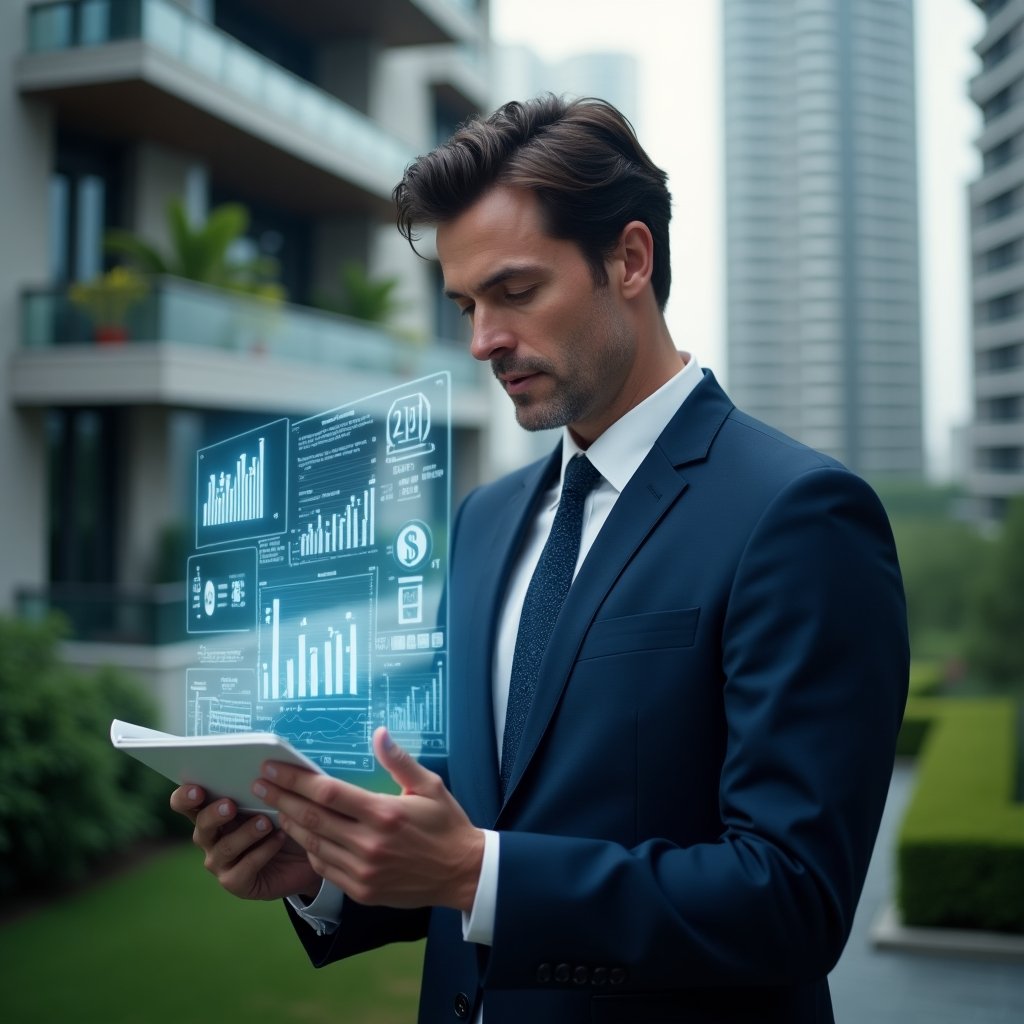 (Ultra-realistic condominium manager in a navy blue suit, set in a modern luxury condominium environment with high-rise buildings and green landscaping, reviewing holographic financial charts and documents with a confident and focused expression, floating translucent ledger and graph icons representing transparency and accounting, cinematic lighting, shallow depth of field, highly detailed textures, realistic skin, photographic realism, 8k resolution --ar 1:1 --v 6)