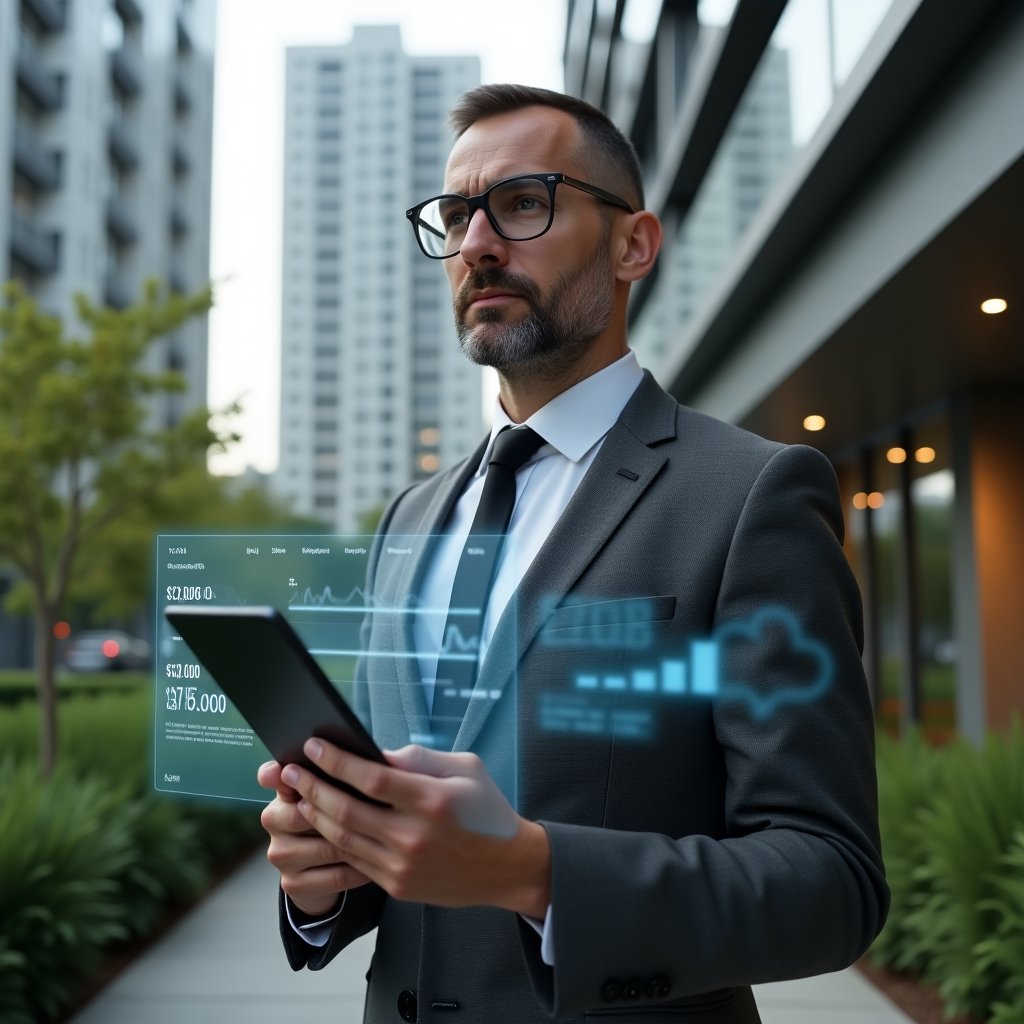 (Ultra-realistic condominium manager in a charcoal grey tailored suit, set in a modern luxury condominium environment with high-rise buildings and lush green landscaping, holding a digital tablet while reviewing floating holographic financial charts and icons of balance sheets, serious and focused expression, cinematic lighting, shallow depth of field, highly detailed textures, realistic skin, photographic realism, 8k resolution --ar 1:1 --v 6)