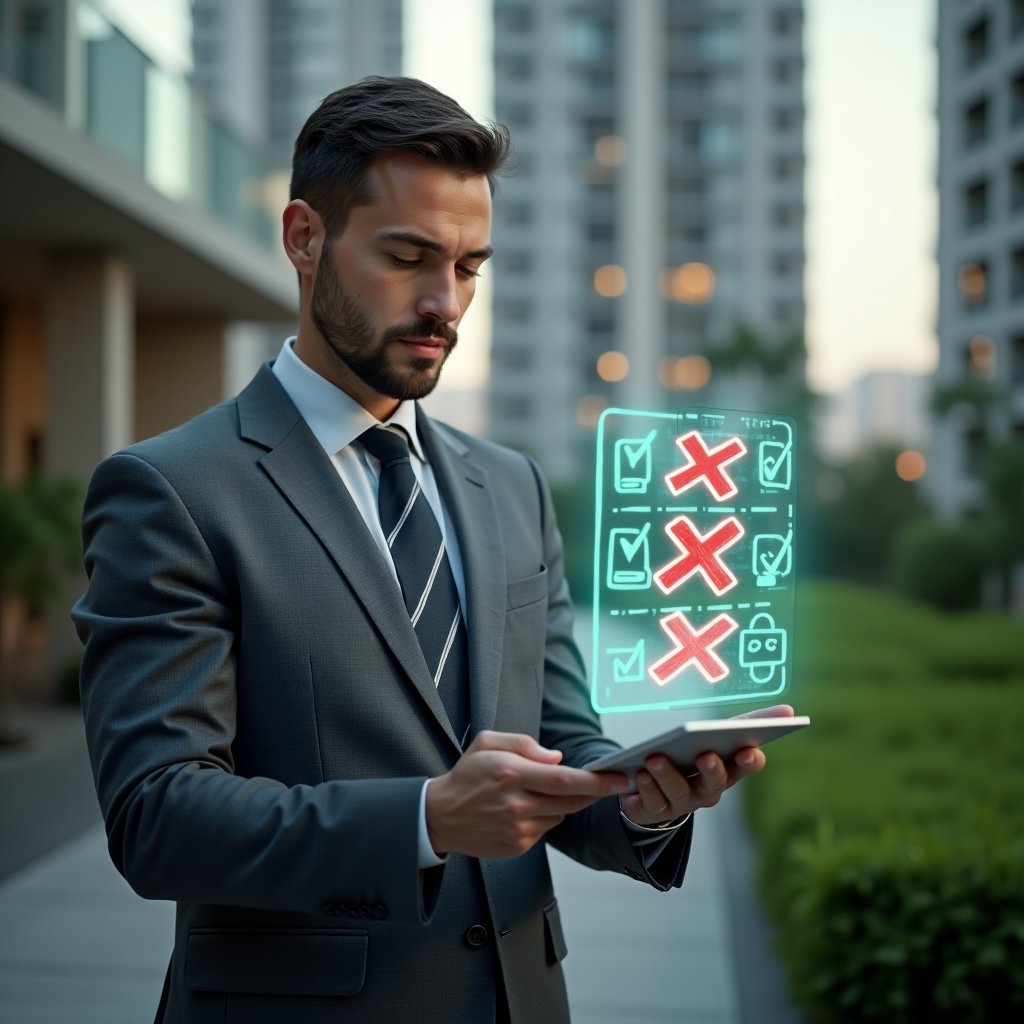 (Ultra-realistic condominium manager in a charcoal gray suit, set in a modern luxury condominium environment with high-rise buildings and lush green landscaping, medium shot of a professional man reviewing a floating holographic checklist with green check marks and red cross icons symbolizing common management mistakes, confident and focused expression, cinematic lighting, shallow depth of field, highly detailed textures, realistic skin, photographic realism, 8k resolution --ar 1:1 --v 6)