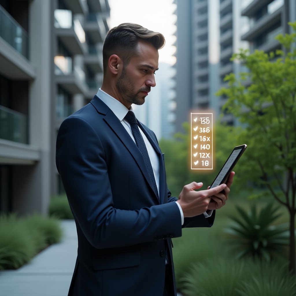Ultra-realistic condominium manager in a tailored navy suit, set in a modern luxury condominium environment with high-rise buildings and lush green landscaping, mid-shot of a confident professional analyzing a digital tablet displaying a holographic checklist with seven warning icons, cinematic lighting, shallow depth of field, highly detailed textures, realistic skin, photographic realism, 8k resolution --ar 1:1 --v 6