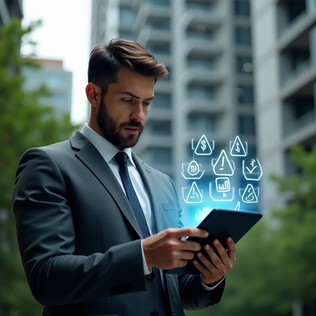 (Ultra-realistic condominium manager in a charcoal grey suit, set in a modern luxury condominium environment with high-rise buildings and lush green landscaping, medium shot of a professional thoughtfully analyzing a holographic checklist of seven warning icons floating above a tablet, semi-transparent financial graph projection beside them, cinematic lighting, shallow depth of field, highly detailed textures, realistic skin, photographic realism, 8k resolution --ar 1:1 --v 6)