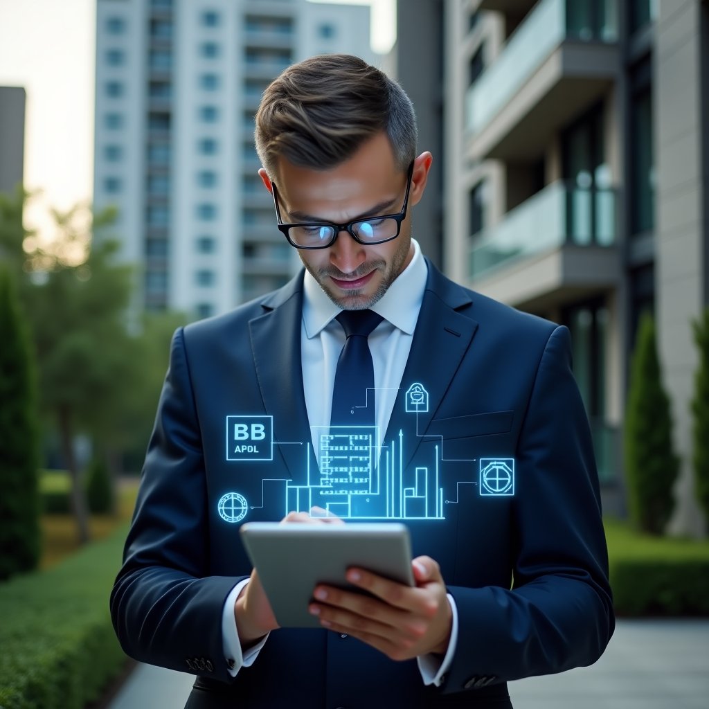 Ultra-realistic condominium manager in a navy blue executive suit, set in a modern luxury condominium environment with high-rise buildings and manicured green landscaping, analyzing a holographic budget and maintenance dashboard on a tablet, floating icons of finances, communication and security systems around him, confident and focused expression, cinematic lighting, shallow depth of field, highly detailed textures, realistic skin, photographic realism, 8k resolution --ar 1:1 --v 6