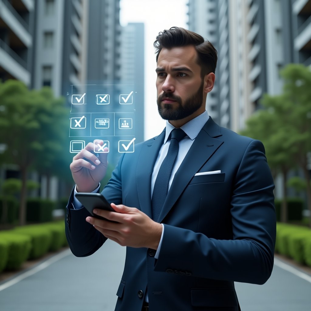 (Ultra-realistic condominium manager in a tailored navy blue suit, set in a modern luxury condominium environment with high-rise towers and meticulously landscaped greenery, medium shot interacting with a holographic checklist of seven warning icons crossed out above a smartphone displaying a condo management app interface, confident and focused expression, cinematic lighting, shallow depth of field, highly detailed textures, realistic skin, photographic realism, 8k resolution --ar 1:1 --v 6)