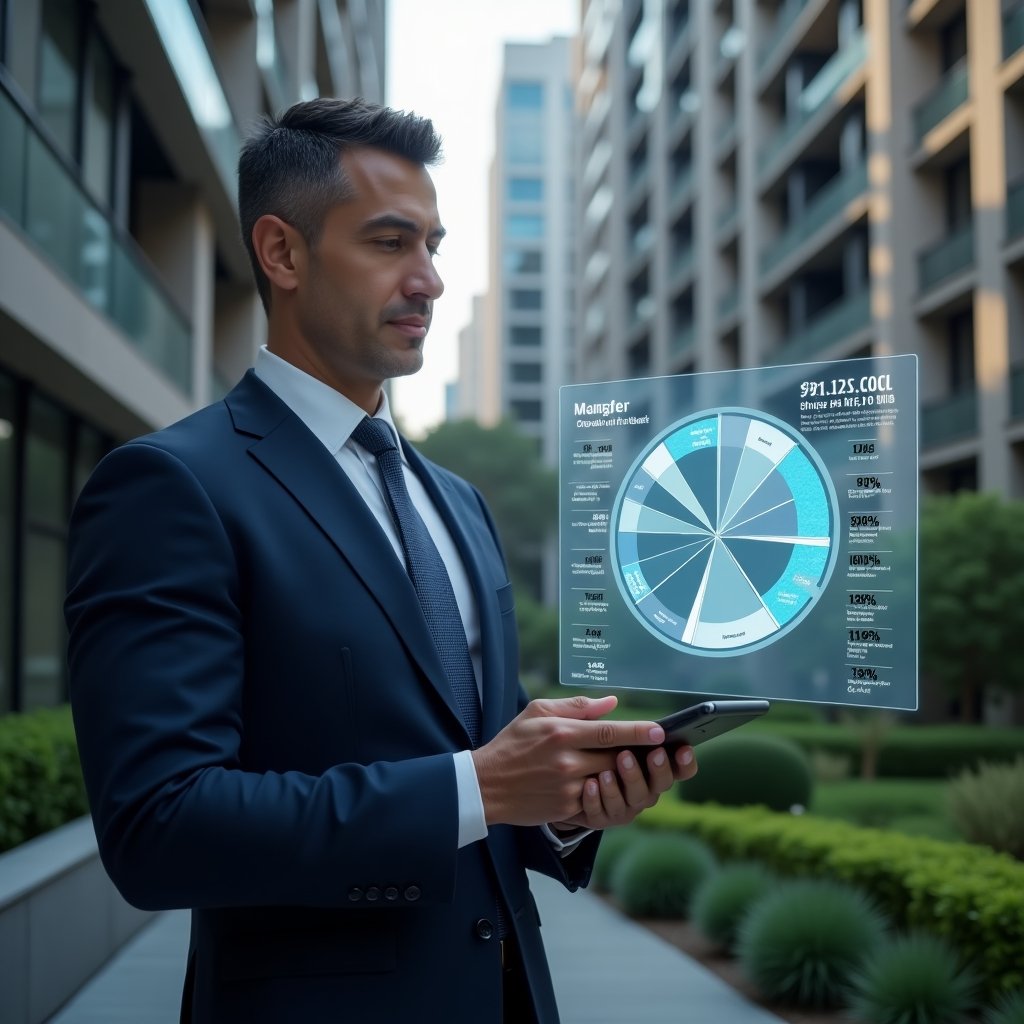Ultra-realistic condominium manager in a navy tailored suit, set in a modern luxury condominium environment with high-rise buildings and manicured green landscaping, reviewing a holographic pie chart projection illustrating unit share calculations, confident and focused expression, cinematic lighting, shallow depth of field, highly detailed textures, realistic skin, photographic realism, 8k resolution --ar 1:1 --v 6