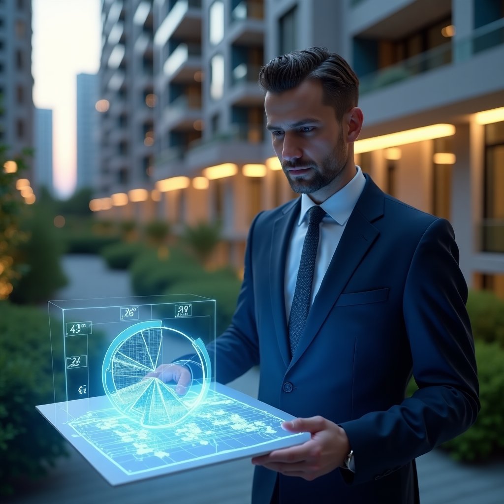 (Ultra-realistic condominium property manager in a navy blue tailored suit, set in a modern luxury condominium environment with high-rise buildings and green landscaping, mid shot of the manager analyzing a holographic pie chart of unit fractional values projected over a floor plan, confident and thoughtful expression, glowing holographic percentages and icons, cinematic lighting, shallow depth of field, highly detailed textures, realistic skin, photographic realism, 8k resolution --ar 1:1 --v 6)