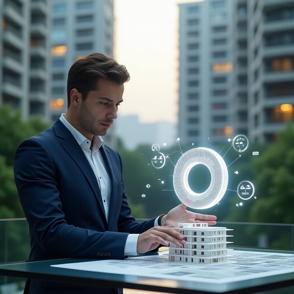 Ultra-realistic condominium manager in a navy business suit, set in a modern luxury condominium environment with high-rise buildings and lush green landscaping, analyzing a holographic 3D pie chart overlaid on a digital floor plan, floating percentage symbols and fractional slices around a building model, confident and focused expression, cinematic lighting, shallow depth of field, highly detailed textures, realistic skin, photographic realism, 8k resolution --ar 1:1 --v 6