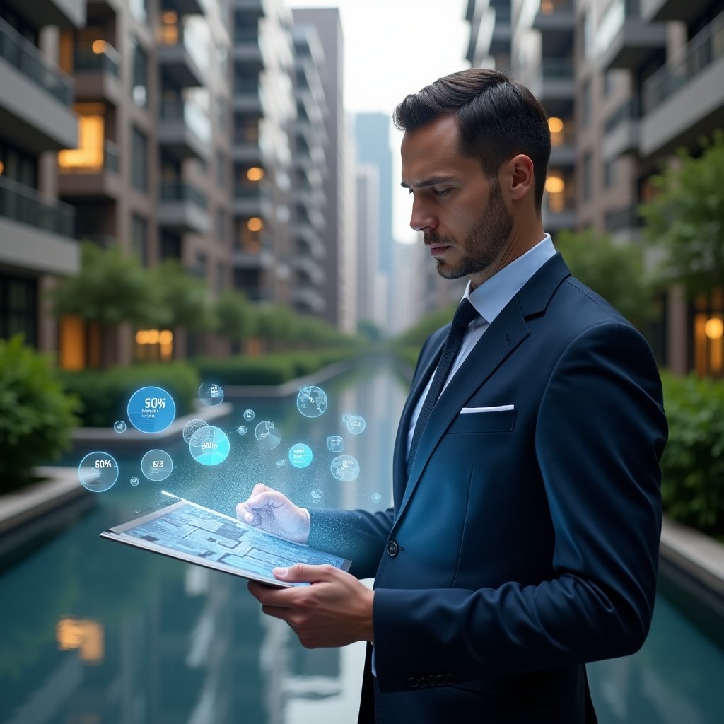 (Ultra-realistic condominium manager in a tailored navy suit, set in a modern luxury condominium environment with high-rise buildings and lush green landscaping, medium shot of a thoughtful professional analyzing a holographic floor plan with glowing percentage overlays and floating pie chart icons representing ideal fraction calculations, cinematic lighting, shallow depth of field, highly detailed textures, realistic skin, photographic realism, 8k resolution --ar 1:1 --v 6)