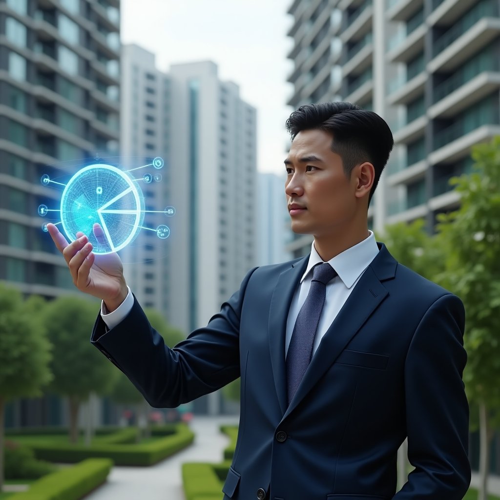 Ultra-realistic property manager in a tailored navy suit, set in a modern luxury condominium environment with high-rise buildings and lush green landscaping, medium shot of the manager holding and pointing at a semi-transparent 3D holographic pie chart illustrating ideal fractions and expense allocation, blueprint overlays hovering around, confident and focused expression, cinematic lighting, shallow depth of field, highly detailed textures, realistic skin, photographic realism, 8k resolution --ar 1:1 --v 6