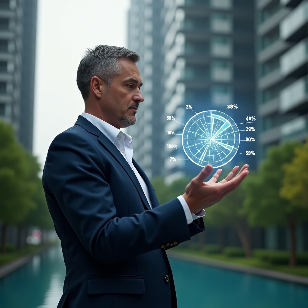 (Ultra-realistic condominium manager in a navy suit, set in a modern luxury condominium environment with high-rise buildings and green landscaping, holding a transparent holographic pie chart showing fractional ownership percentages while thoughtfully analyzing data, floating percentage icons around, cinematic lighting, shallow depth of field, highly detailed textures, realistic skin, photographic realism, 8k resolution --ar 1:1 --v 6)