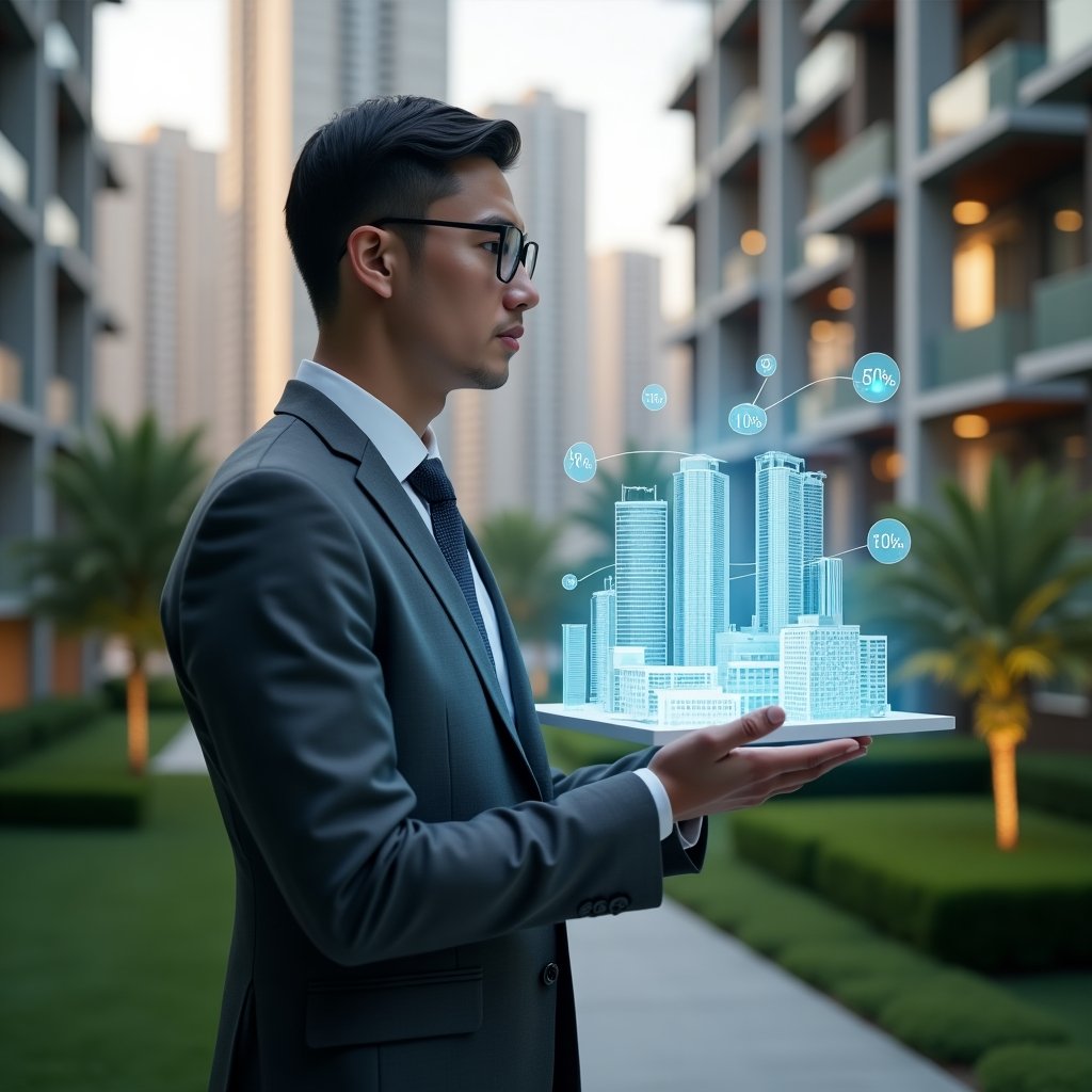 (Ultra-realistic condominium manager in a charcoal grey suit, set in a modern luxury condominium environment with high-rise buildings and immaculate green gardens, holding a holographic 3D building model with fractional area overlays and glowing percentage icons, thoughtful expression, cinematic lighting, shallow depth of field, highly detailed textures, realistic skin, photographic realism, 8k resolution --ar 1:1 --v 6)