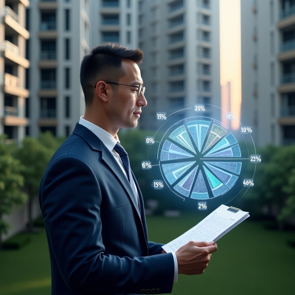 (Ultra-realistic condominium manager in a navy blue tailored suit, set in a modern luxury condominium environment with high-rise buildings and lush green landscaping, analyzing a digital holographic pie chart of unit fractions with property documents in hand, floating 3D percentage icons representing fraction ideal distribution, cinematic lighting, shallow depth of field, highly detailed textures, realistic skin, photographic realism, 8k resolution --ar 1:1 --v 6)