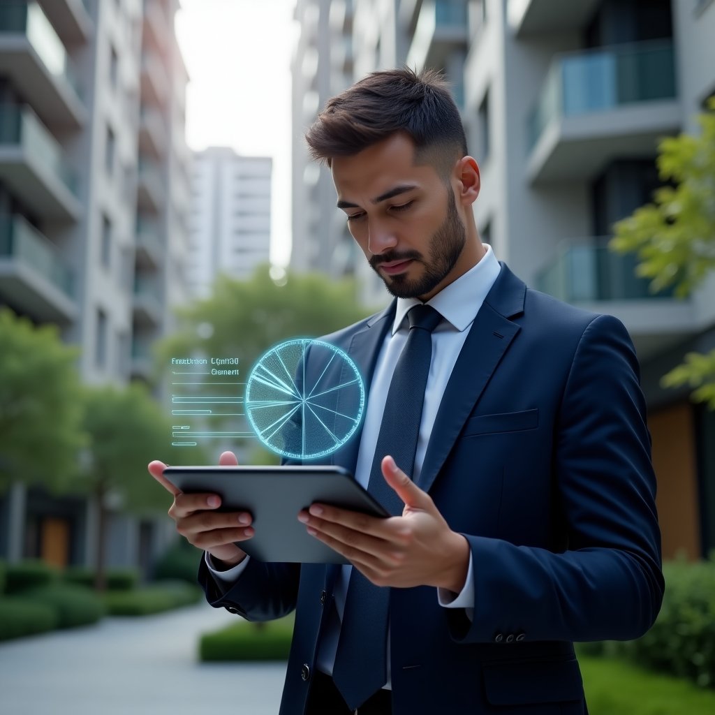 (Ultra-realistic condo manager in a tailored navy blue suit, set in a modern luxury condominium environment with high-rise buildings and lush green landscaping, medium shot as he examines a glowing holographic pie chart of fractional units over a tablet screen, thoughtful and confident expression, cinematic lighting, shallow depth of field, highly detailed textures, realistic skin, photographic realism, 8k resolution --ar 1:1 --v 6)