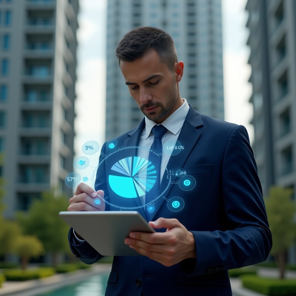 (Ultra-realistic condominium manager in a navy blue suit, set in a modern luxury condominium environment with high-rise buildings and green landscaping, analyzing a holographic pie chart of unit fractions on a digital tablet, holographic percentage overlays and technical icons floating around, looking thoughtful and confident, cinematic lighting, shallow depth of field, highly detailed textures, realistic skin, photographic realism, 8k resolution --ar 1:1 --v 6)