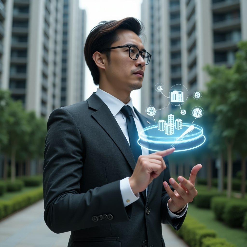 (Ultra-realistic condominium manager in a charcoal suit, set in a modern luxury condominium environment with high-rise buildings and green landscaping, mid shot focused on the manager analyzing a holographic pie chart illustrating unit share distribution, floating holographic icons of buildings and coins, confident and focused expression, cinematic lighting, shallow depth of field, highly detailed textures, realistic skin, photographic realism, 8k resolution --ar 1:1 --v 6)