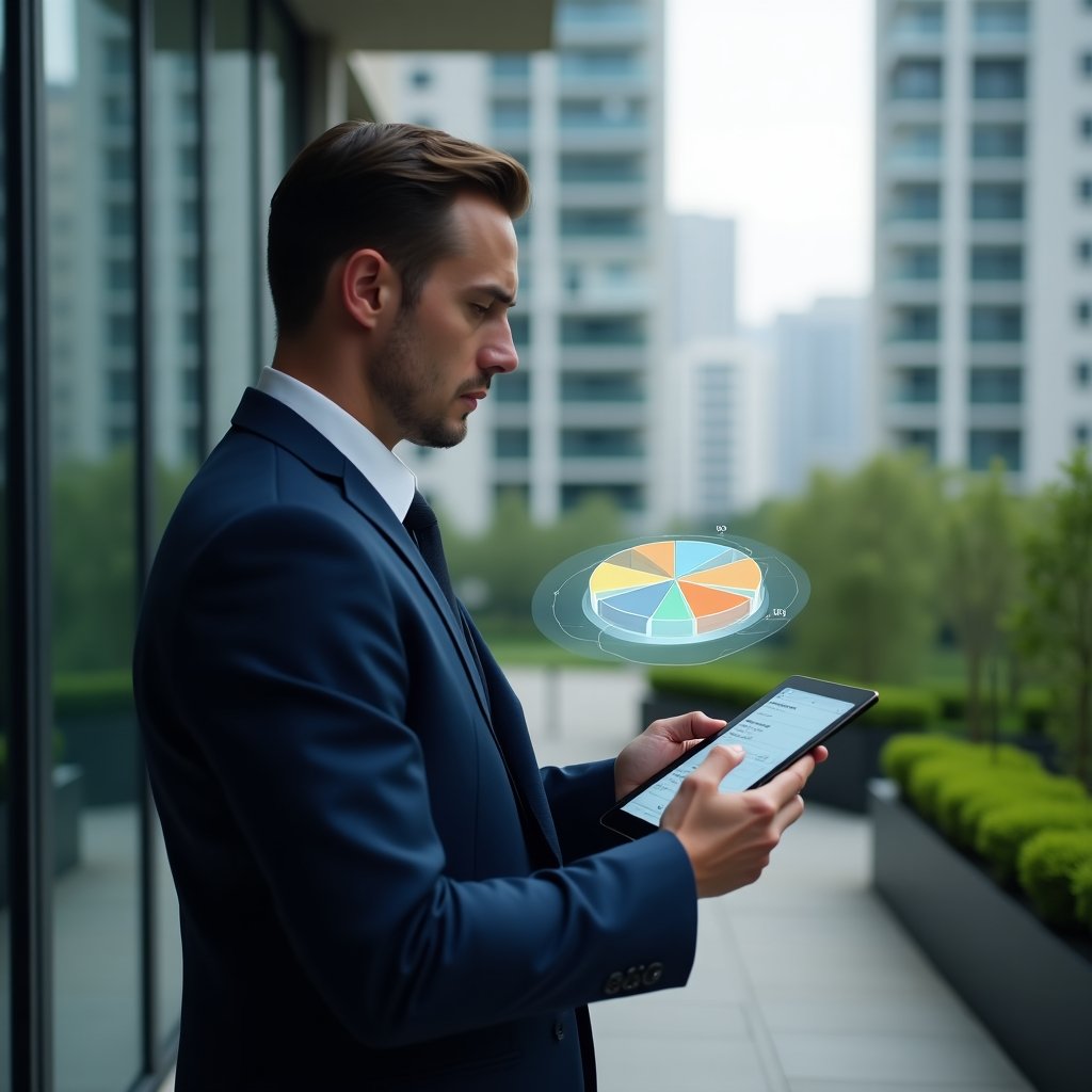 (Ultra-realistic condominium manager in a navy business suit, set in a modern luxury condominium environment with high-rise buildings and green landscaping, mid shot holding a tablet and analyzing a floating holographic pie chart representing ideal fraction calculations, thoughtful and focused expression, cinematic lighting, shallow depth of field, highly detailed textures, realistic skin, photographic realism, 8k resolution --ar 1:1 --v 6)