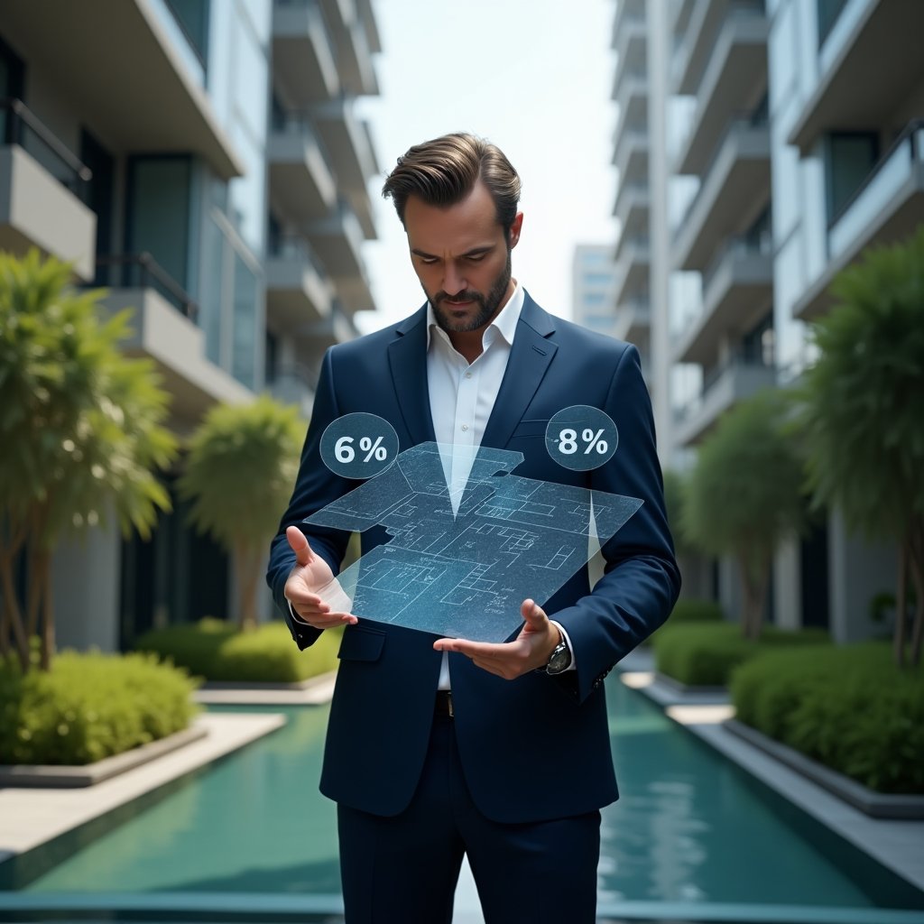Ultra-realistic condominium manager in a tailored navy-blue suit, set in a modern luxury condominium environment with high-rise buildings and lush green landscaping, mid-shot confident and focused while examining a holographic floor plan displaying fractional percentage overlays, symbolic percentage icons floating around, cinematic lighting, shallow depth of field, highly detailed textures, realistic skin, photographic realism, 8k resolution --ar 1:1 --v 6