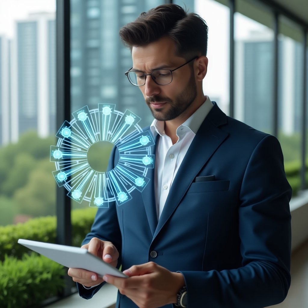 Ultra-realistic condominium manager in a tailored navy blue suit, set in a modern luxury condominium environment with high-rise buildings and manicured green landscaping, analyzing a holographic pie chart displaying unit fractional percentages, floating 3D calculator and architectural blueprint icons, confident and focused expression, cinematic lighting, shallow depth of field, highly detailed textures, realistic skin, photographic realism, 8k resolution --ar 1:1 --v 6