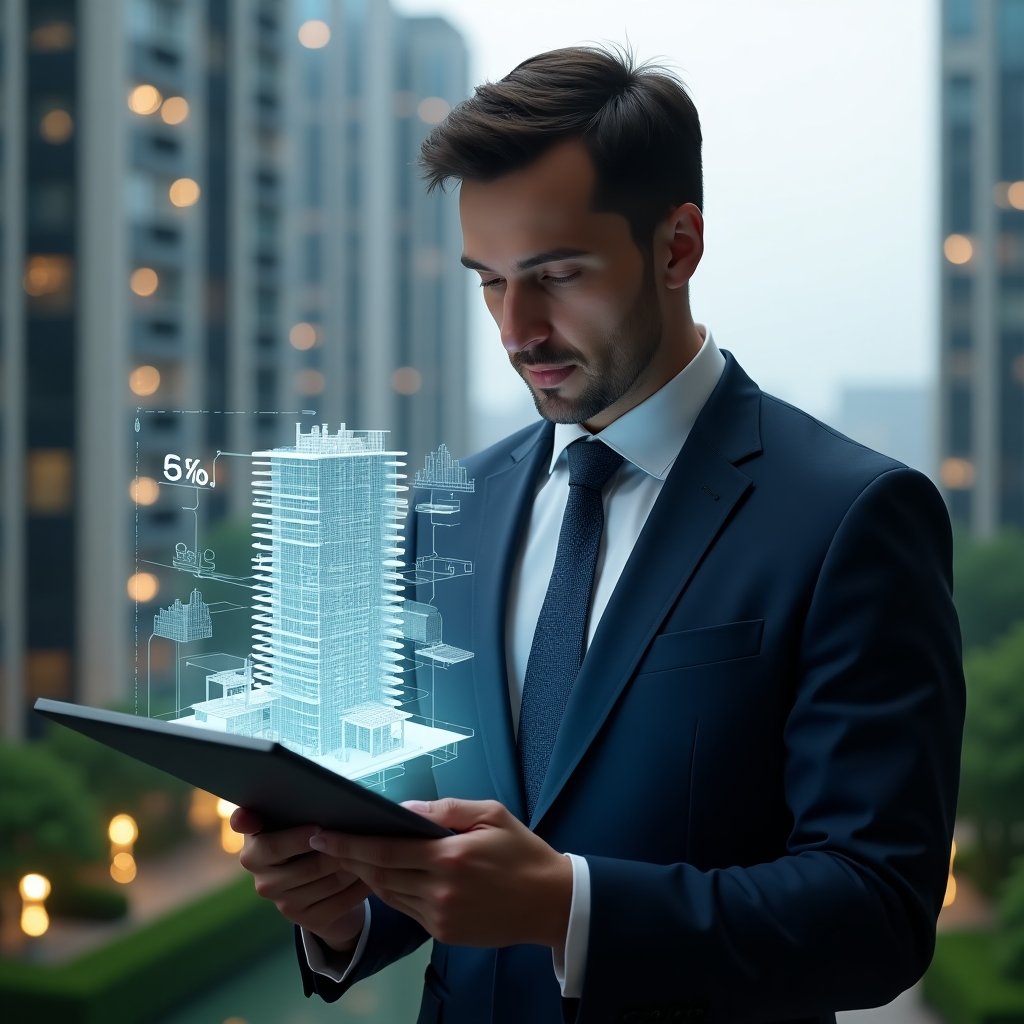 Ultra-realistic condominium manager in a tailored dark blue suit, set in a modern luxury condominium environment with high-rise buildings and lush green landscaping, analyzing a tablet displaying a 3D holographic model of a building sliced into fractional sections marked with percentage labels, thoughtful expression, floating holographic icons of percentage signs and building schematics, cinematic lighting, shallow depth of field, highly detailed textures, realistic skin, photographic realism, 8k resolution --ar 1:1 --v 6