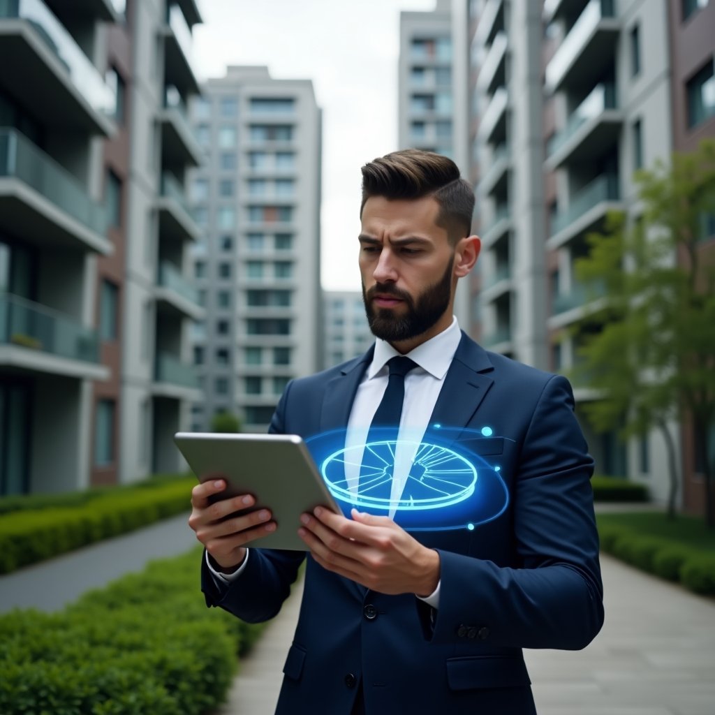 (Ultra-realistic condominium manager in a navy executive suit, set in a modern luxury condominium environment with high-rise buildings and lush green landscaping, holding a tablet projecting a holographic pie chart symbolizing “fração ideal” calculation, examining data with a confident, thoughtful expression, cinematic lighting, shallow depth of field, highly detailed textures, realistic skin, photographic realism, 8k resolution --ar 1:1 --v 6)