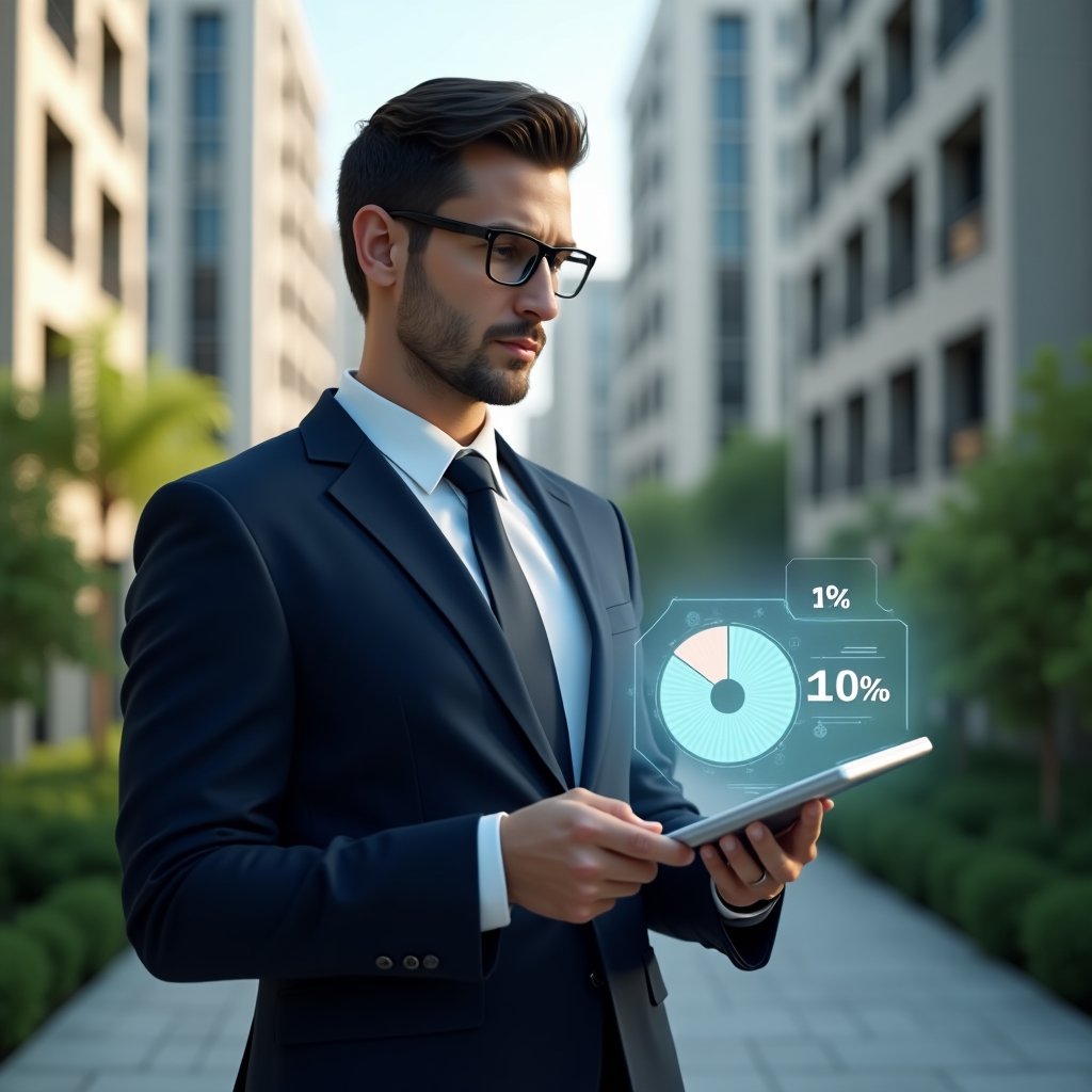 (Ultra-realistic condominium manager in a sleek navy suit, set in a modern luxury condominium environment with high-rise buildings and lush green landscaping, medium shot of the manager holding a transparent tablet displaying a holographic pie chart and percentage icons symbolizing fraction ideal calculations, thoughtful and confident expression, cinematic lighting, shallow depth of field, highly detailed textures, realistic skin, photographic realism, 8k resolution --ar 1:1 --v 6)