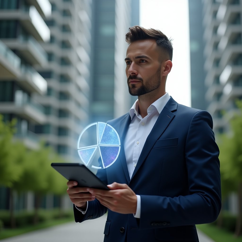 Ultra-realistic condo manager in a navy blue executive suit, set in a modern luxury condominium environment with high-rise buildings and lush green landscaping, holding a tablet with a holographic pie chart representing fractional ownership and a smartphone showing a condominium management app interface, analyzing expenses with a confident, thoughtful expression, cinematic lighting, shallow depth of field, highly detailed textures, realistic skin, photographic realism, 8k resolution --ar 1:1 --v 6