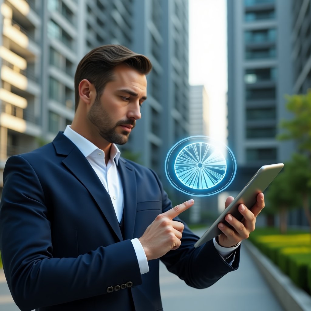 Ultra-realistic condominium manager in a tailored navy suit, set in a modern luxury condominium environment with high-rise buildings and manicured green landscaping, holding a tablet displaying a digital application interface while pointing at a floating holographic pie chart representing unit fraction distribution, confident and analytical expression, cinematic lighting, shallow depth of field, highly detailed textures, realistic skin, photographic realism, 8k resolution --ar 1:1 --v 6