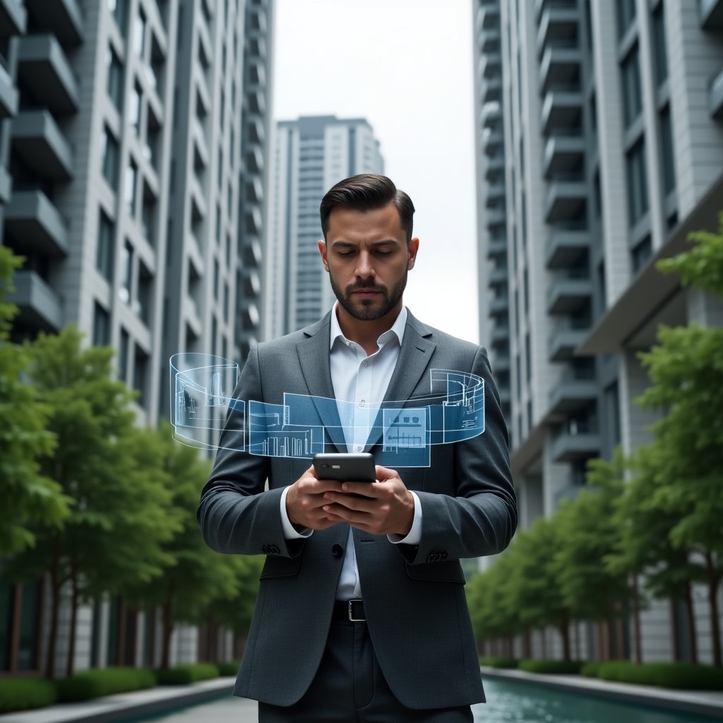 Ultra-realistic condominium manager in a charcoal gray tailored suit, set in a modern luxury condominium environment with high-rise buildings and green landscaping, analyzing holographic renovation plans and budget charts while holding a smartphone displaying a condominium management app interface, confident and focused expression, cinematic lighting, shallow depth of field, highly detailed textures, realistic skin, photographic realism, 8k resolution --ar 1:1 --v 6