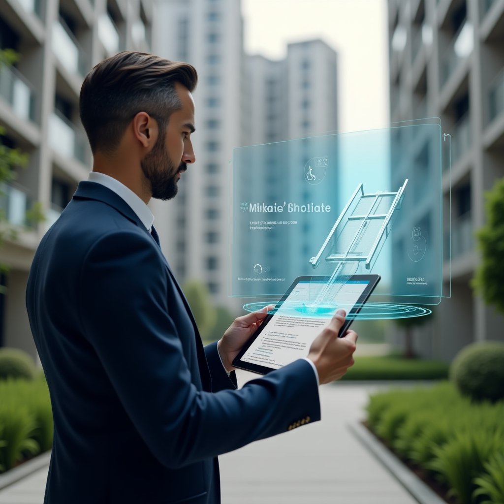 Ultra-realistic accessibility consultant in a navy blue suit, set in a modern luxury condominium environment with high-rise buildings and lush green landscaping, holding a tablet projecting a holographic 3D model of an accessible ramp and tactile signage, examining the design with a confident and inclusive expression, cinematic lighting, shallow depth of field, highly detailed textures, realistic skin, photographic realism, 8k resolution --ar 1:1 --v 6