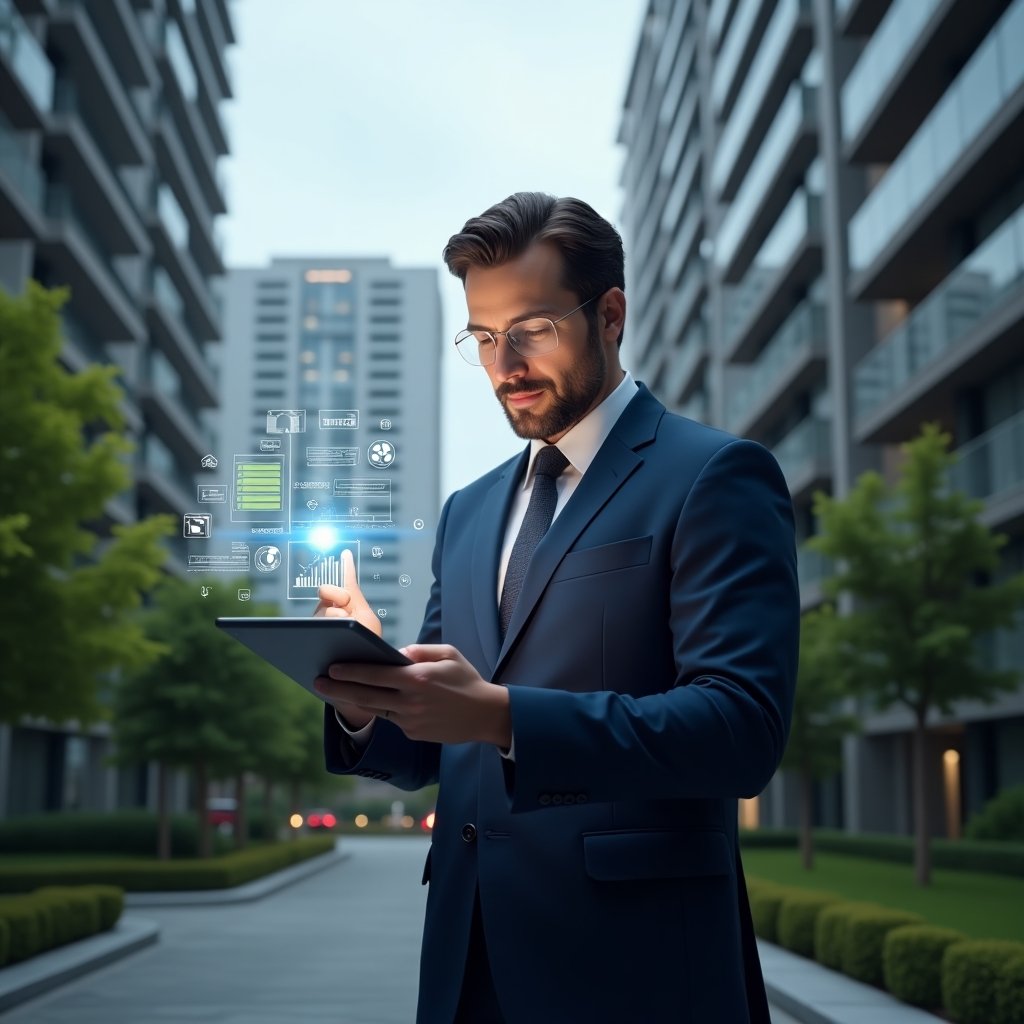 Ultra-realistic condominium manager in a dark blue executive suit, set in a modern luxury condominium environment with high-rise buildings and green landscaping, carefully reviewing a holographic financial report projected above a tablet, confident and focused expression, transparent balance sheet icons floating around, cinematic lighting, shallow depth of field, highly detailed textures, realistic skin, photographic realism, 8k resolution --ar 1:1 --v 6