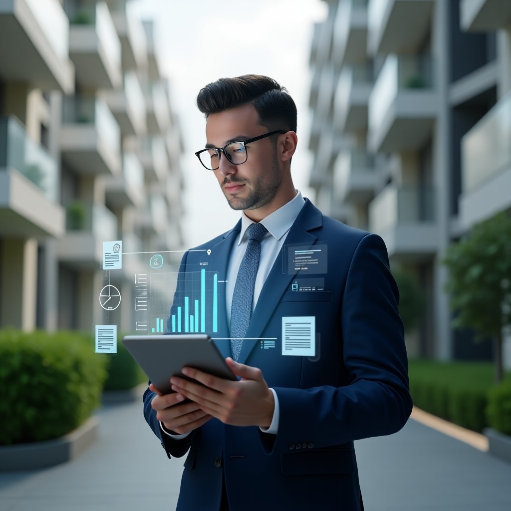 (Ultra-realistic condominium manager in a navy blue tailored suit, set in a modern luxury condominium environment with high-rise buildings and green landscaping, medium shot focusing on a confident professional thoughtfully analyzing holographic financial charts above a digital tablet, transparent icons of documents and assembly checkmarks floating around, cinematic lighting, shallow depth of field, highly detailed textures, realistic skin, photographic realism, 8k resolution --ar 1:1 --v 6)