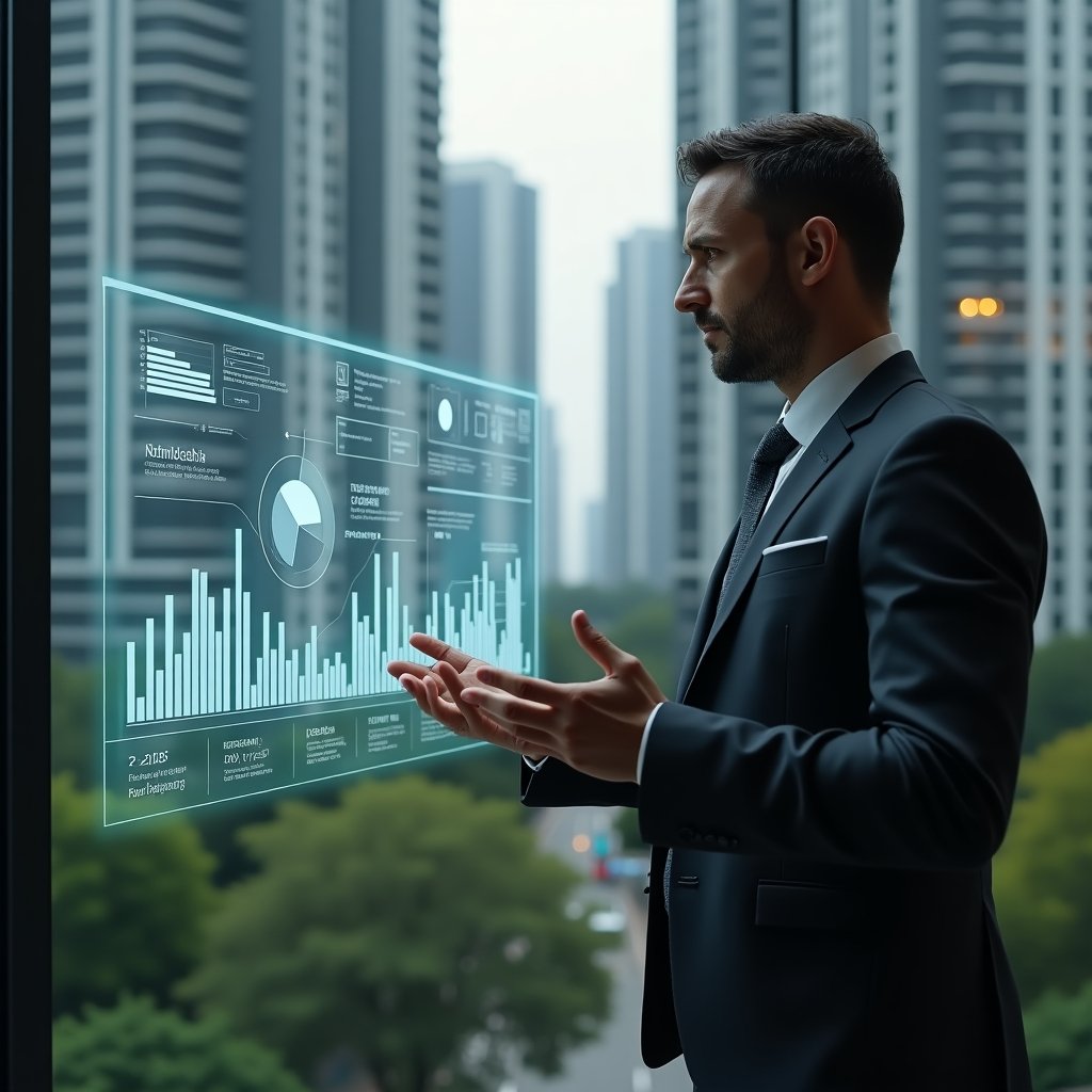 (Ultra-realistic condominium manager in a tailored charcoal suit, set in a modern luxury condominium environment with high-rise buildings and lush green landscaping, thoughtfully analyzing a holographic financial dashboard projected in front of them, floating transparent bar graphs and pie charts symbolizing transparent accounting, cinematic lighting, shallow depth of field, highly detailed textures, realistic skin, photographic realism, 8k resolution --ar 1:1 --v 6)