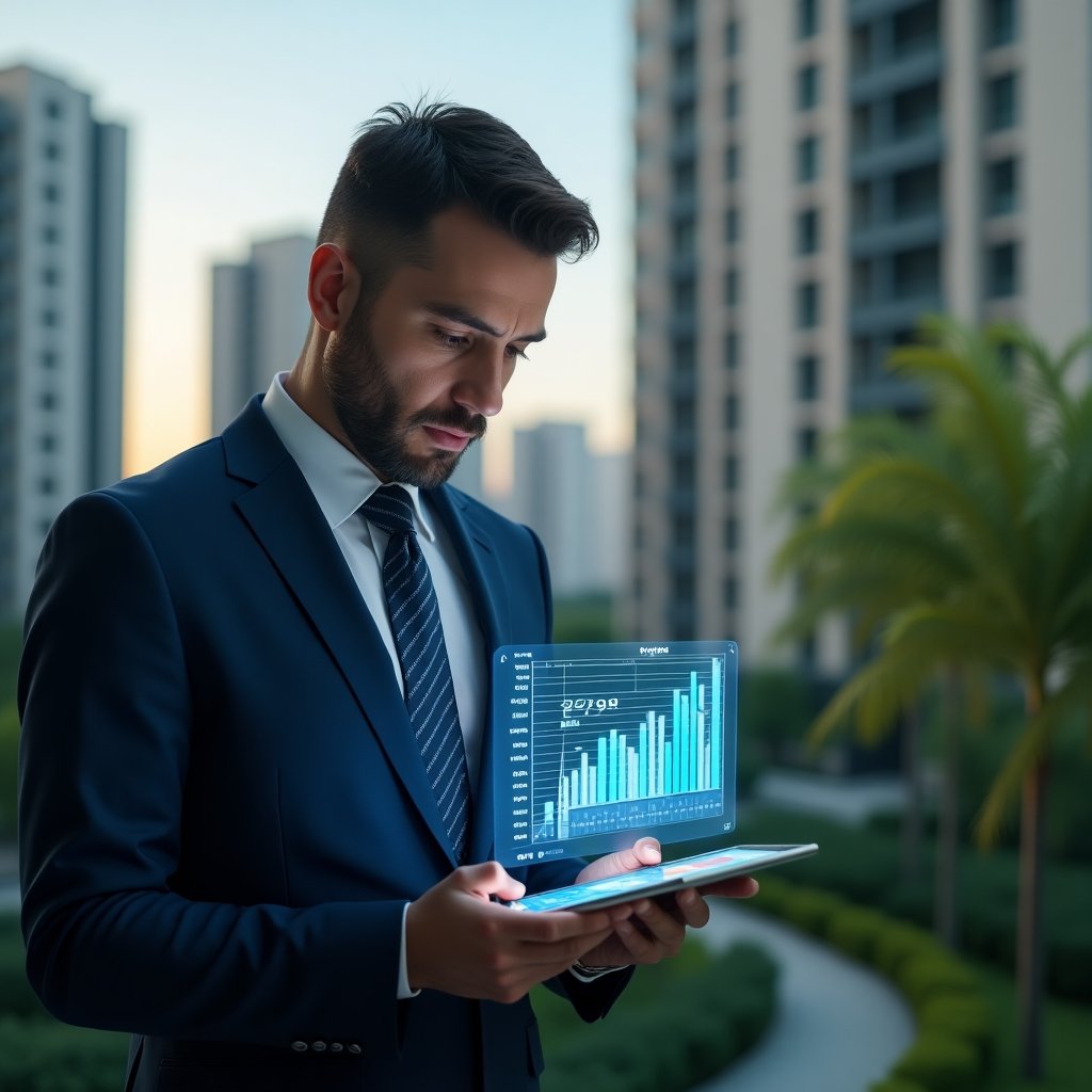 Ultra-realistic condominium manager in a navy blue suit, set in a modern luxury condominium environment with high-rise buildings and lush green landscaping, mid-shot, examining holographic financial charts contrasting ordinary vs extraordinary expenses floating above a digital tablet, serious and analytical expression, cinematic lighting, shallow depth of field, highly detailed textures, realistic skin, photographic realism, 8k resolution --ar 1:1 --v 6