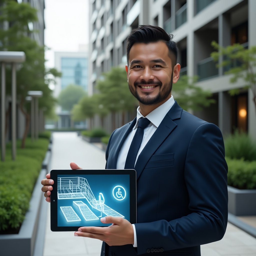 Ultra-realistic condominium manager in a navy tailored suit, set in a modern luxury condominium environment with high-rise buildings and lush green landscaping, demonstrating an accessibility ramp while holding a tablet displaying a holographic floor-plan with wheelchair and braille signage icons, confident and supportive expression, cinematic lighting, shallow depth of field, highly detailed textures, realistic skin, photographic realism, 8k resolution --ar 1:1 --v 6