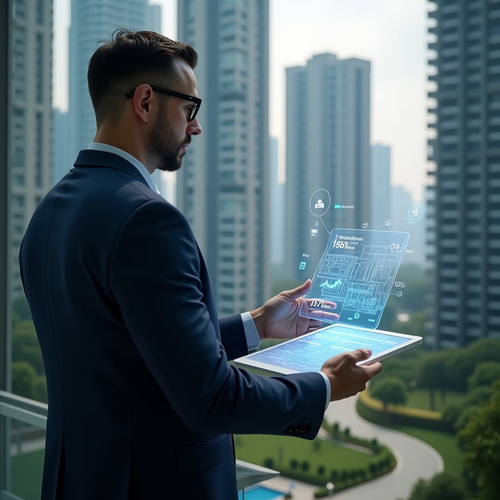 (Ultra-realistic new condominium manager in a dark blue tailored suit, set in a modern luxury condominium environment with high-rise buildings and meticulously landscaped green areas, medium shot holding a transparent tablet displaying interactive holographic dashboards and messaging icons, confidently analyzing financial graphs and communication flows, holographic condominium floor plan floating beside, cinematic lighting, shallow depth of field, highly detailed textures, realistic skin, photographic realism, 8k resolution --ar 1:1 --v 6)