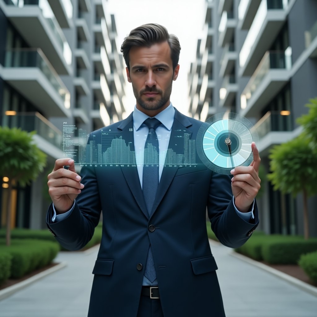 Ultra-realistic condominium manager in a tailored navy blue suit, set in a modern luxury condominium environment with high-rise buildings and manicured green landscaping, examining a floating holographic pie chart representing unit fraction calculations with a digital pen in hand, confident and analytical expression, cinematic lighting, shallow depth of field, highly detailed textures, realistic skin, photographic realism, 8k resolution --ar 1:1 --v 6