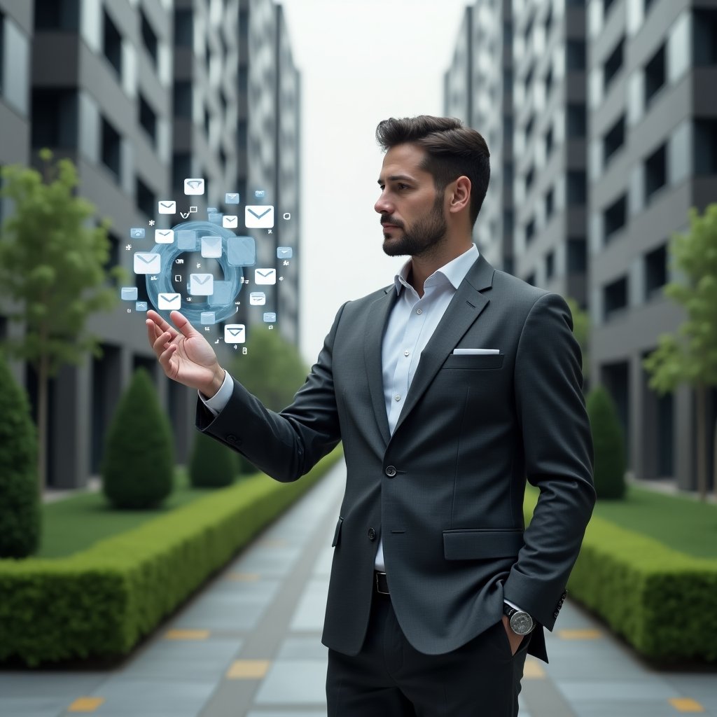 (Ultra-realistic condominium manager in a charcoal gray suit, set in a modern luxury condominium environment with high-rise buildings and manicured green landscaping, interacting with a floating holographic app interface displaying chat bubbles and notification icons, confident and engaged expression, symbolic communication icons hovering around, cinematic lighting, shallow depth of field, highly detailed textures, realistic skin, photographic realism, 8k resolution --ar 1:1 --v 6)